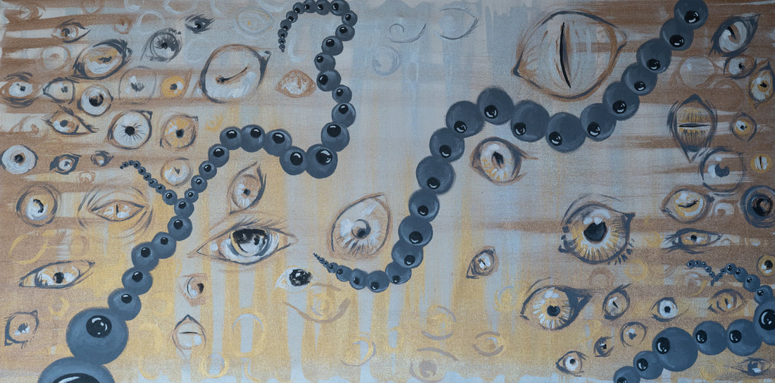 Painting: Is there such thing as too many eyeballs? Glitter.  By: Ash Rexford & Gina Miranda 24 x 48 Acrylic & glitter on canvas